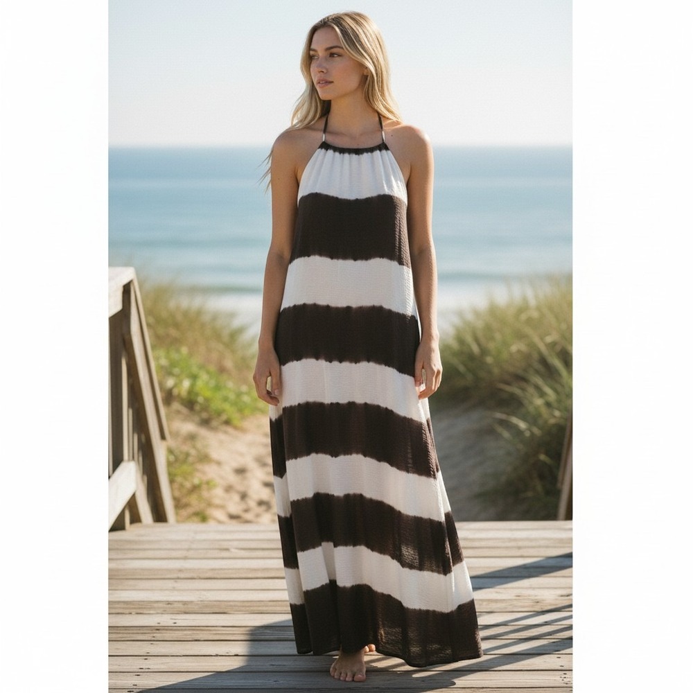 Bailey 44 Galabeya Maxi Dress Cream Taupe Striped Halter Open Back Size 10 NEW